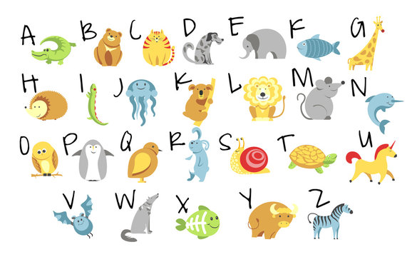 Animals and zoo alphabet, abc and childish education, isolated letters