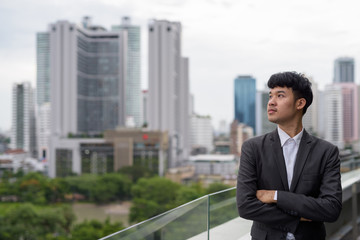 Fototapeta na wymiar Portrait of young Asian businessman against view of the city
