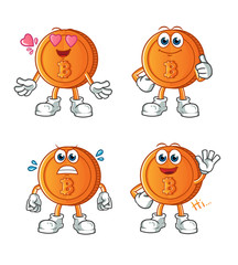 set of bitcoin mascot vector cartoon art illustration