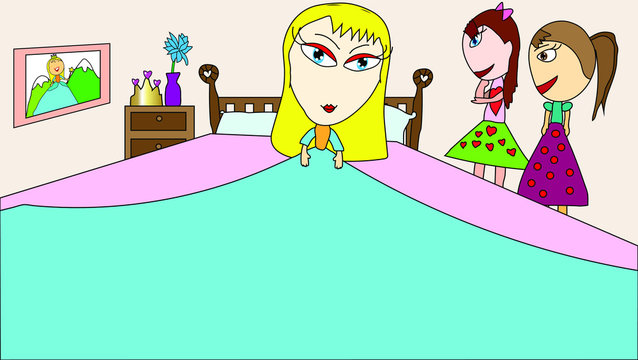 The cartoon picture of a princess stays  in bed while her friends come to visit her. 