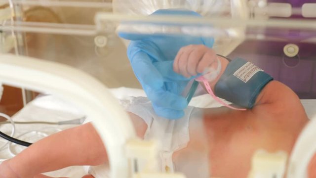 Maternity clinic. Saving life concept. Nurse checks a baby in an incubator, close up. A newborn baby lying inside a crib at a hospital. Shot in 4k