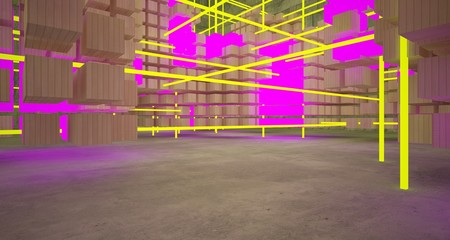 Abstract architectural concrete and wood interior from an array of white cubes with color gradient neon lighting. 3D illustration and rendering.
