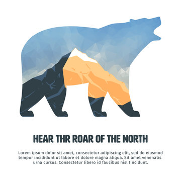 Roaring grizzly bear. Mountain landscape
