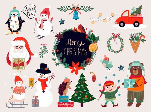  Christmas elements collection with floral wreath, Santa and other seasonal characters