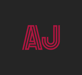 Initial two letter red line shape logo on black vector AJ