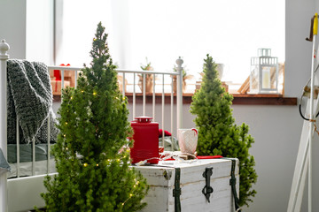 Modern light  bedroom interior decorated for Christmas
