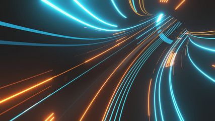 3D Rendering of abstract fast moving stripe lines with glowing sun light flare. High speed motion blur. Concept of leading in business, Hi tech products, warp speed wormhole science. - obrazy, fototapety, plakaty