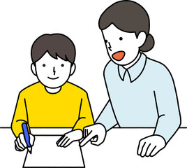 先生に勉強を教えてもらう男の子