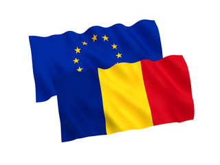 Flags of Romania and European Union on a white background