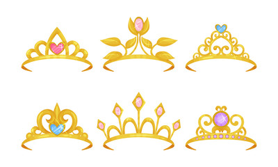 Golden Tiaras With Gemstones Vector Isolated On White Background Set