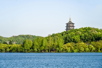 The beautiful landscape scenery of Xihu West Lake and pavilion in Hangzhou CHINA.