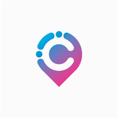 Simple literal letter C with PIN location icon logo. molecule  Logo design. Lab Logo Design Element , Design Vector with Dots. - VECTOR