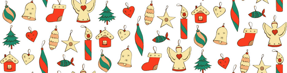 Vector seamless pattern in doodle style with hand drawn Christmas decorations isolated on white. Positive endless texture in red and green colors. Winter holiday design.