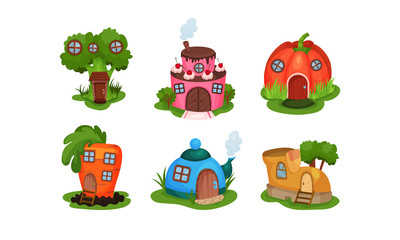 Fairy Village Houses Cartoon Vector Set Isolated On White Background.