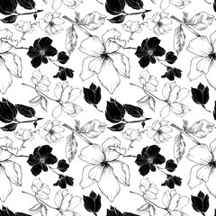 Vector Magnolia floral botanical flowers. Black and white engraved ink art. Seamless background pattern.