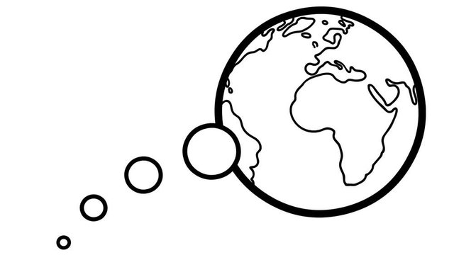 Bubble thinking about Earth. Ecology. Hand drawn globe with comic balloon with alpha channel. Titles, background, compositing. Seamless looping earth rotation in doodle comic business style. 