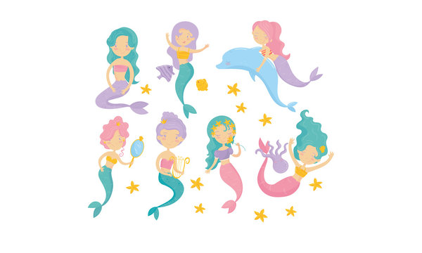 Dreamy Mermaid Characters Vector Set. Fairy Underwater Princess Swimming With Dolphin Concept