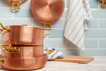 Modern kitchen details with copper kitchenware close up