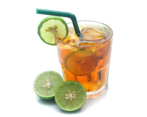 glass of iced tea with lemons  isolated on a white background