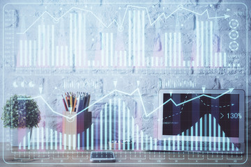 Multi exposure of forex chart and work space with computer. Concept of international online trading.