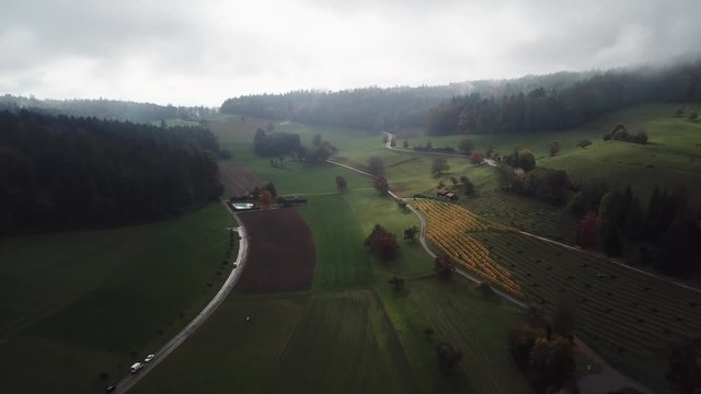 Aerial over the region of Regensberg in Zurich, Switzerland. Drone slow forward dolly