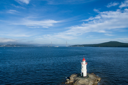 Aerial photo of marine landscape with views of the landmark lighthouse Tokarevskiy.