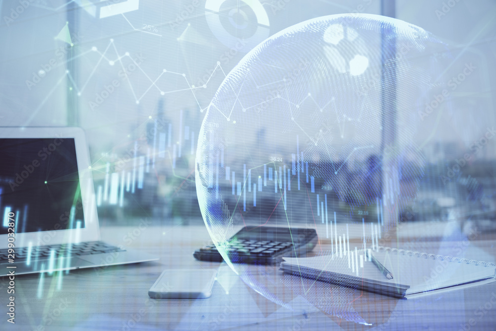 Poster forex chart hologram on table with computer background. multi exposure. concept of financial markets