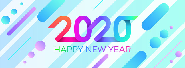 2020 Happy New Year. Paper Memphis geometric bright style for holidays flyers, greetings, invitations, Happy New Year or Merry Christmas cards. Holiday background, poster, banner. Vector Illustration.