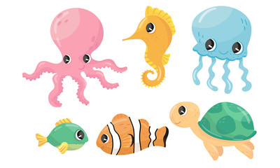 Funny Sea Animal Characters Vector Set. Underwater Life Concept