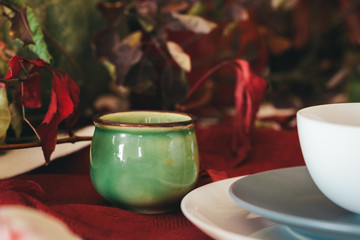 Tableware on kitchen table with autumn decor close up