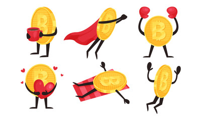 Golden Coins Characters With Bitcoin Sign in Different Actions Vector Set