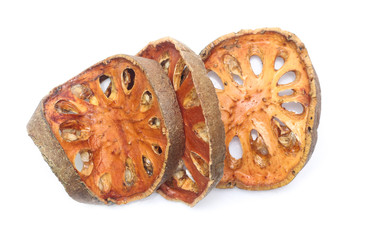Dry bael fruit on white background