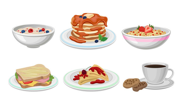 Breakfast Food Vector Set. Meals Collection With Tasty Pancakes and Berry Porridge