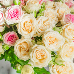 Beautiful background of pink and beige roses. Greeting card for holidays