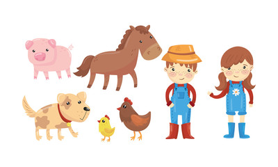 Farm Characters With Their Animals Vector Illustrations Set
