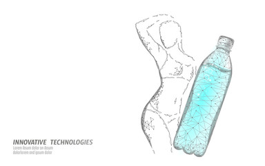 Water aqua bottle athletic woman rehydration concept. Health care against dehydration isotonic electrolytes drink. Fitness shape workout gym slim fit exercise. Low poly 3D vector illustration