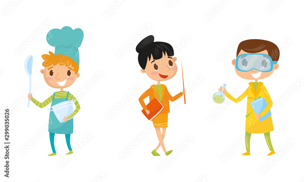 Poster kid characters set engaging in different occupations vector set