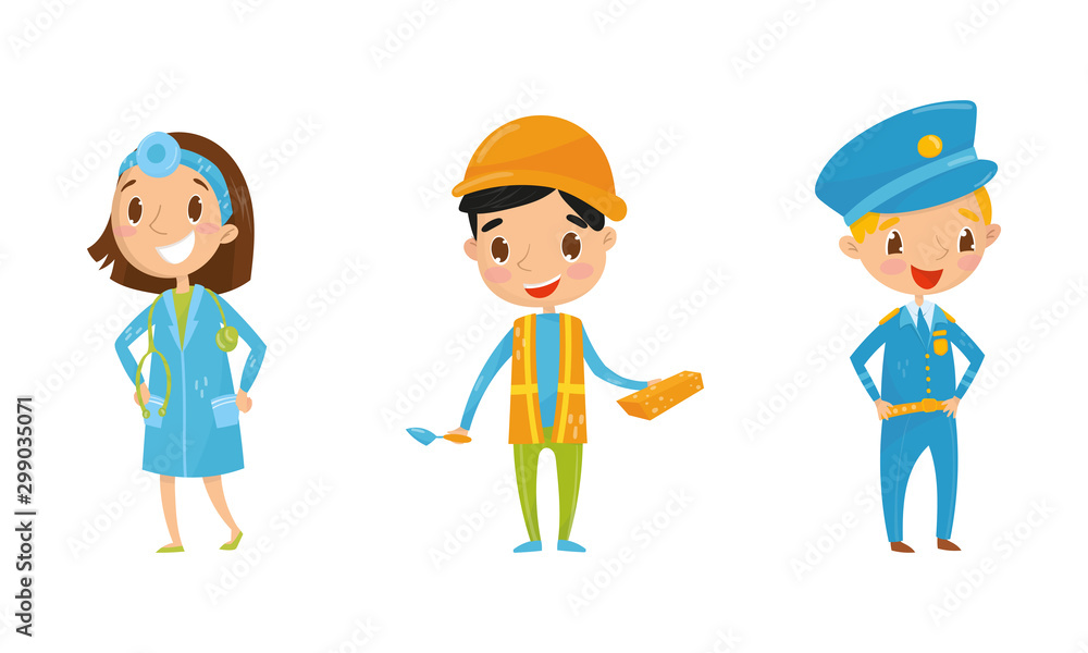 Poster kid characters set engaging in different occupations vector set