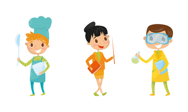 Kid Characters Set Engaging in Different Occupations Vector Set