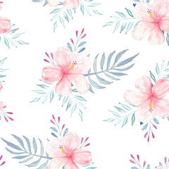 Fototapeta na wymiar Seamless pattern with watercolor hibiscus summer concept