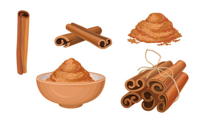 Cinnamon Sticks Vector Set. Pile of Milled Seeds and Seeds Poured in Bowl