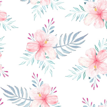 Seamless pattern with watercolor hibiscus summer concept