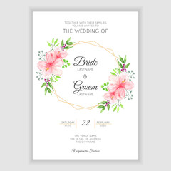 Floral wedding invitation template with watercolor hibiscus