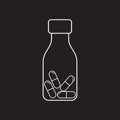 Pills or capsules in bottle line icon. Outline art vector illustration.