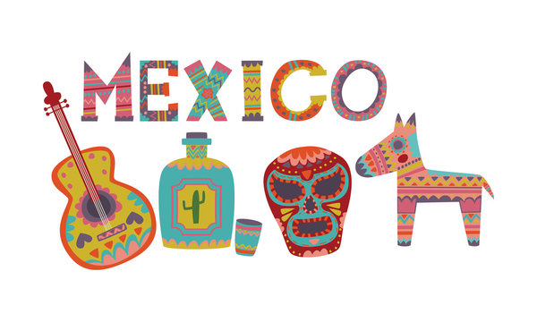 Symbols of Mexico with traditional painting. Vector illustration.