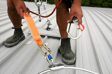Male clipping industrial hook connected with fall arrest shock absorbing safety lanyard device into...
