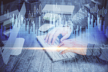 Double exposure of financial graph with man works in office on background. Concept of analysis.