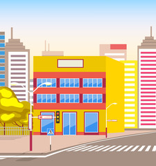 Town with buildings and empty street, 3d look of city road and houses. Bushes and trees, sunshine cityscape. Skyline, crossroad with zebra. Cityscape with houses facades. Ubran landscape. Flat cartoon