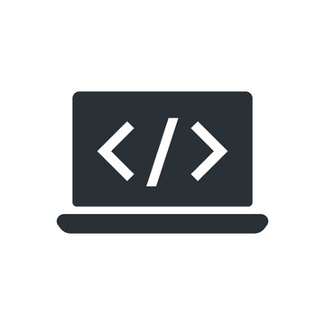 flat vector image on white background, laptop icon with symbol from programming language