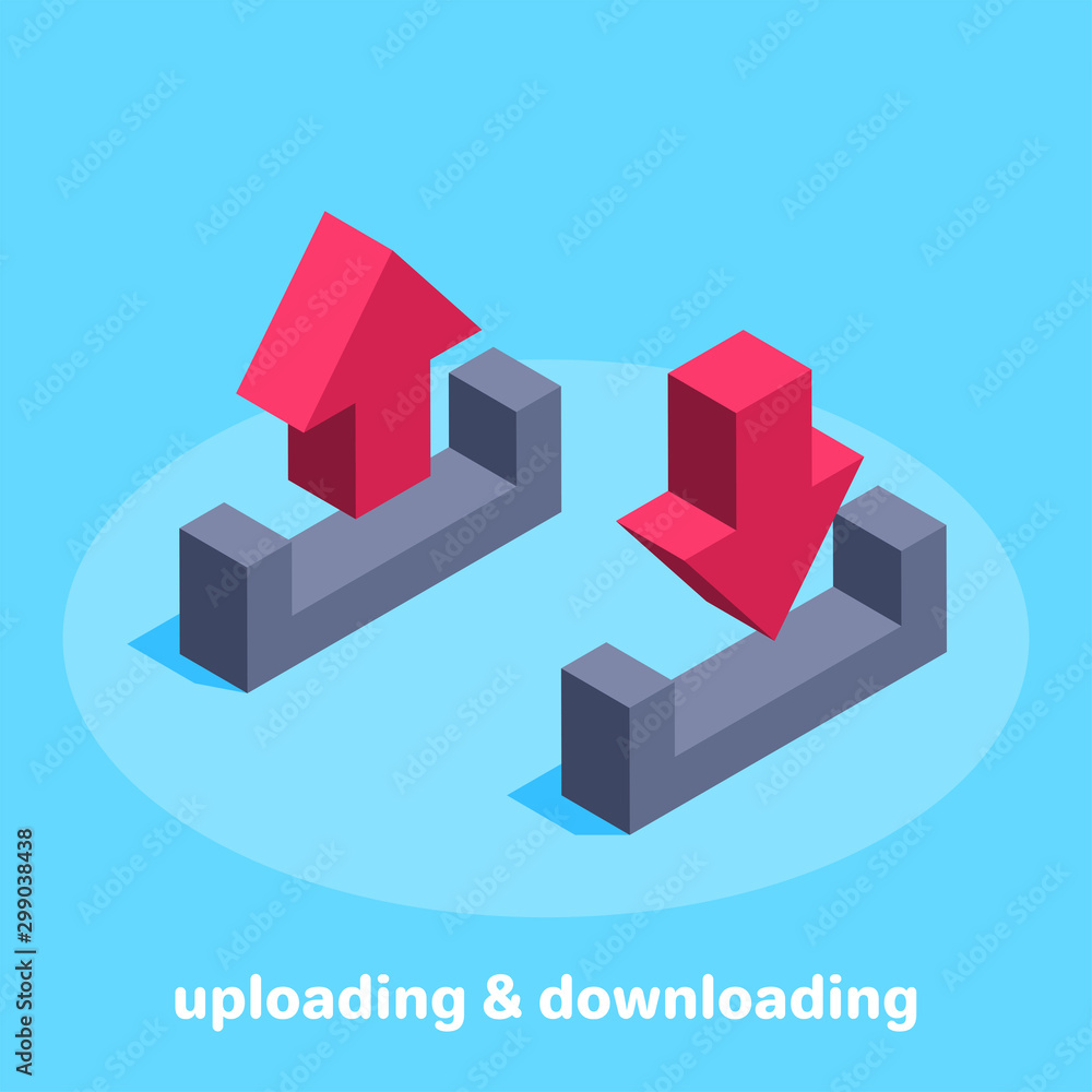 Poster isometric vector image on a blue background, download & upload icons, download from internet to comp